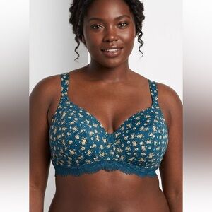 Hips & Curves Women's Plus‎ Size Cotton No Wire Teal Floral  Print Bra 40DDD NEW